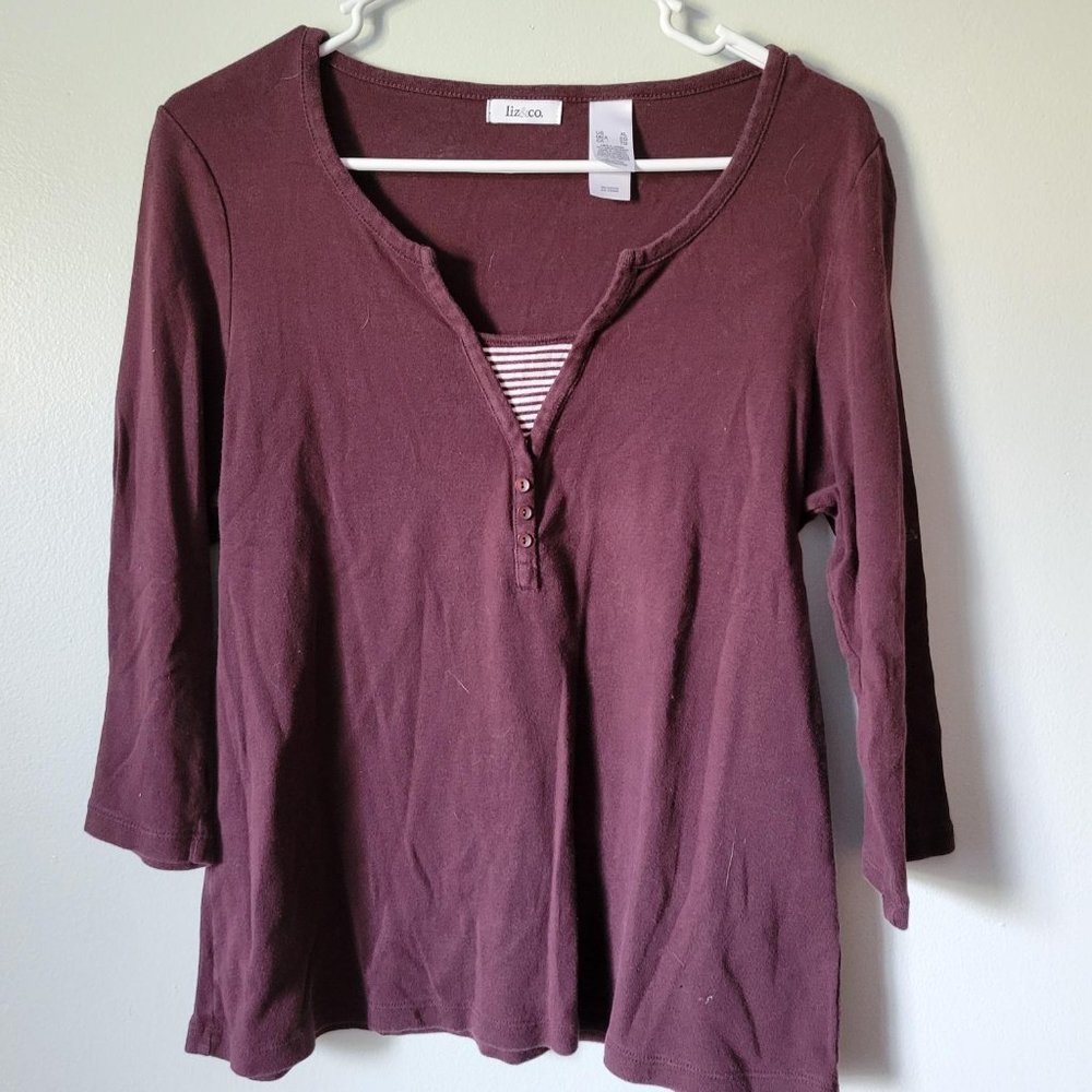 Liz & Co. Purple Shirt Women's XL 3/4 Sleeve V Neck Top 100% Cotton Blouse